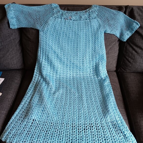 Rare Vintage Blue Crochet Mini Dress Boho Floral Fishnet Sleeves XS/S - Picture 12 of 15